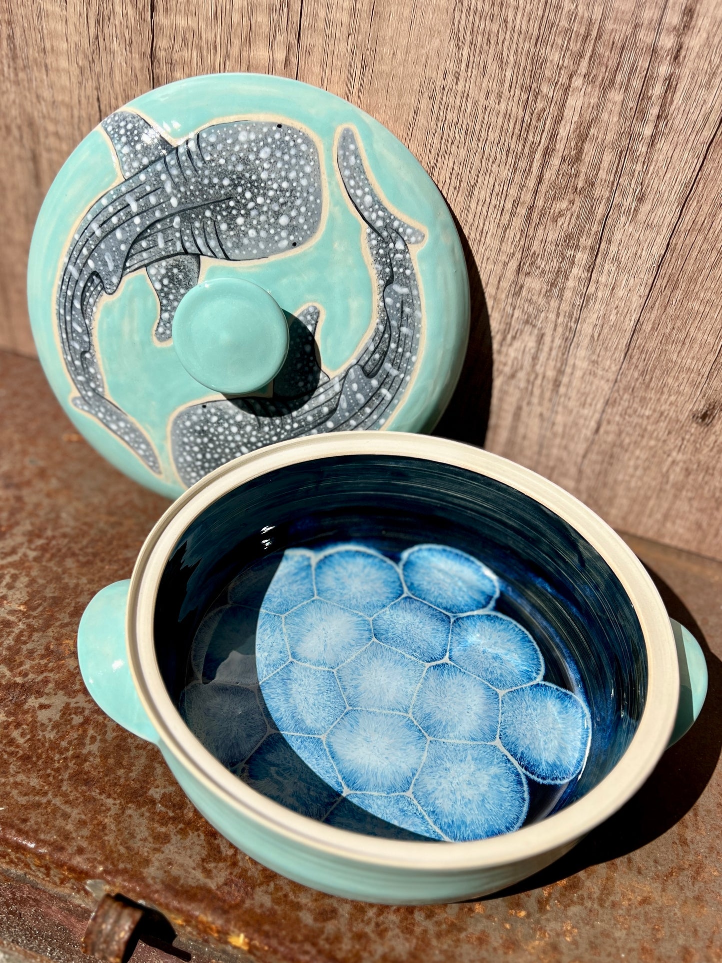 Double Whale Shark Handpainted Casserole Dish - Seafoam (W 8.5")