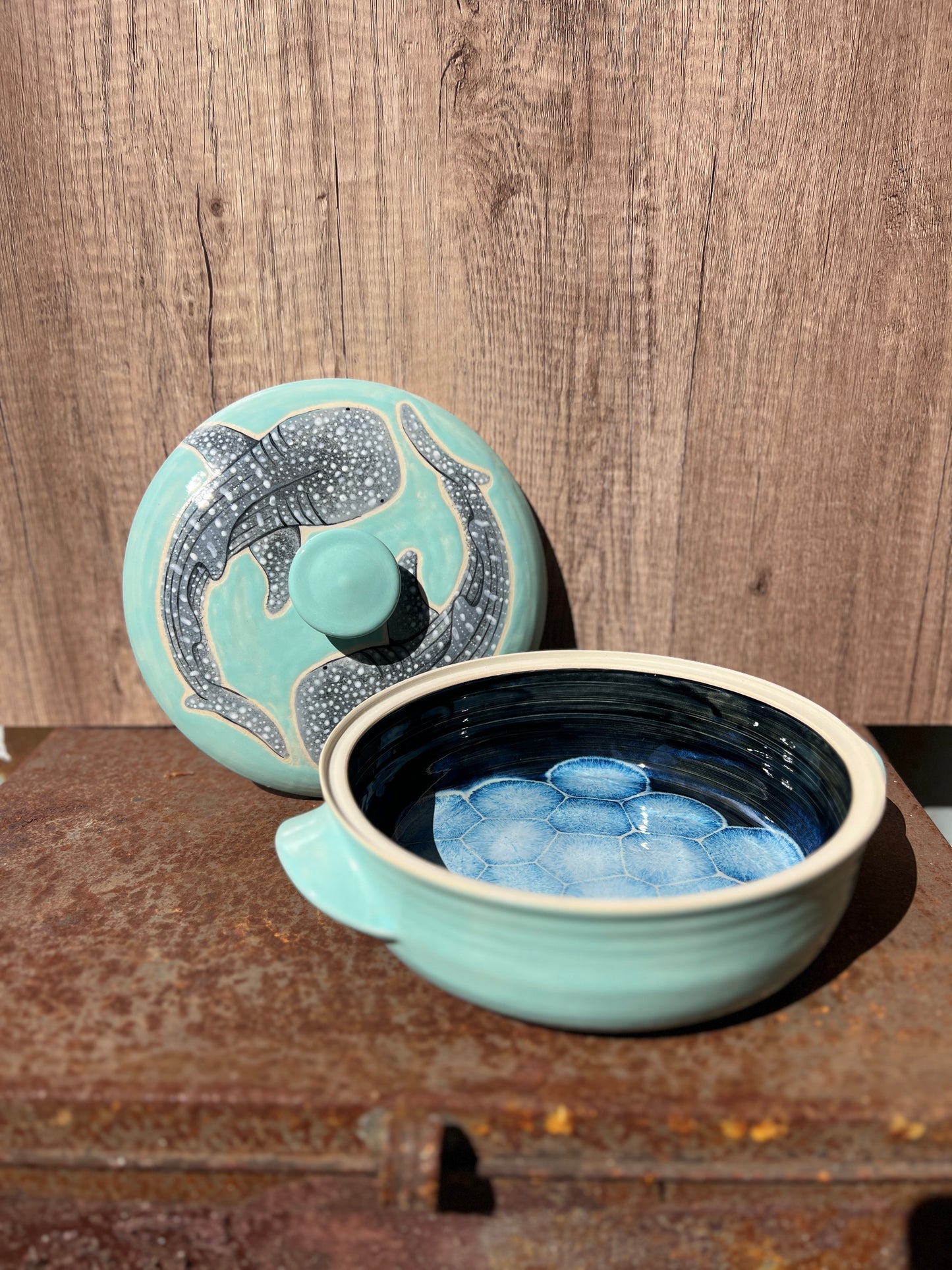 Double Whale Shark Handpainted Casserole Dish - Seafoam (W 8.5")