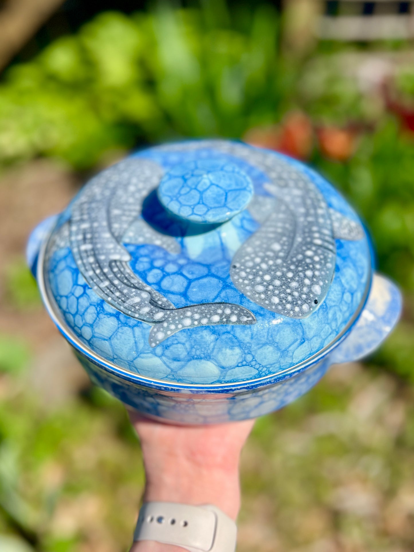 Double Whale Shark Handpainted Casserole Dish - Bubble Glazed ( W 8.5")