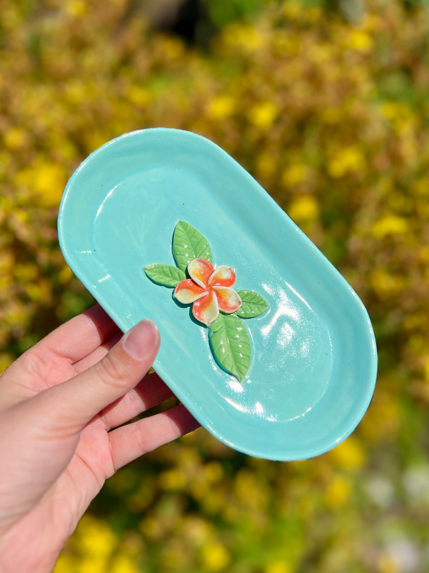Plumeria Plant Long Trinket Dish (7" L)