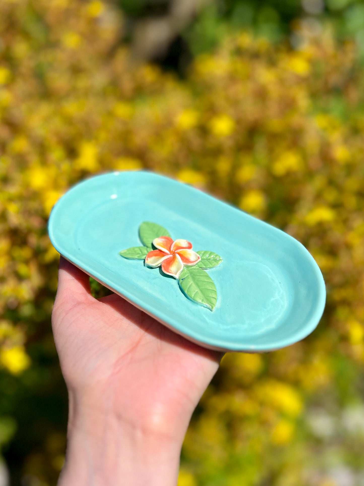 Plumeria Plant Long Trinket Dish (7" L)
