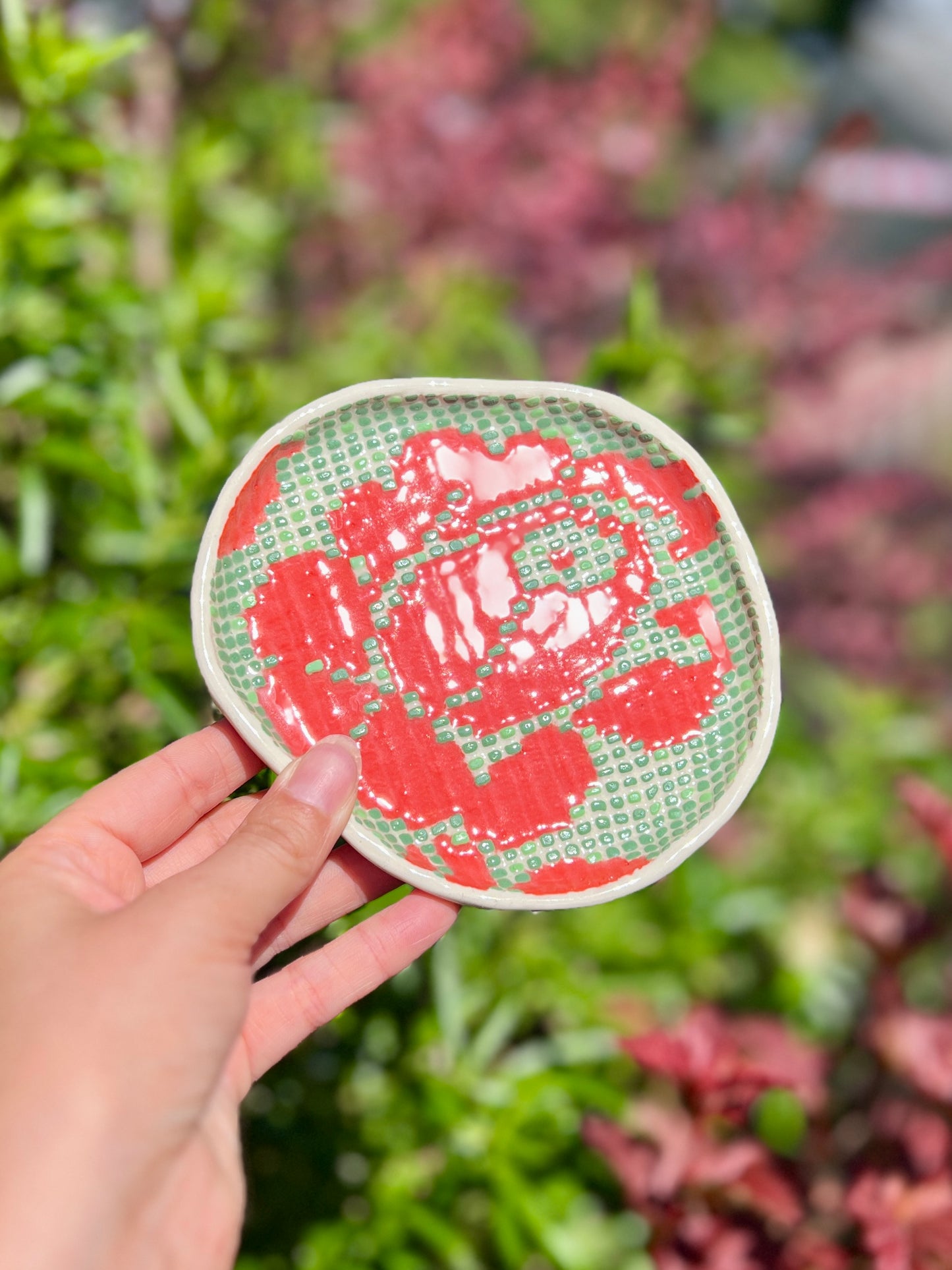 Lace Imprint Rose Dish - Green & Red