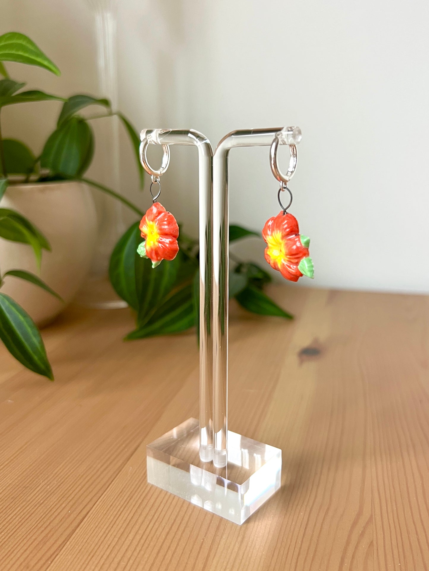 Red Hibiscus Earrings - Platinum Plated Brass