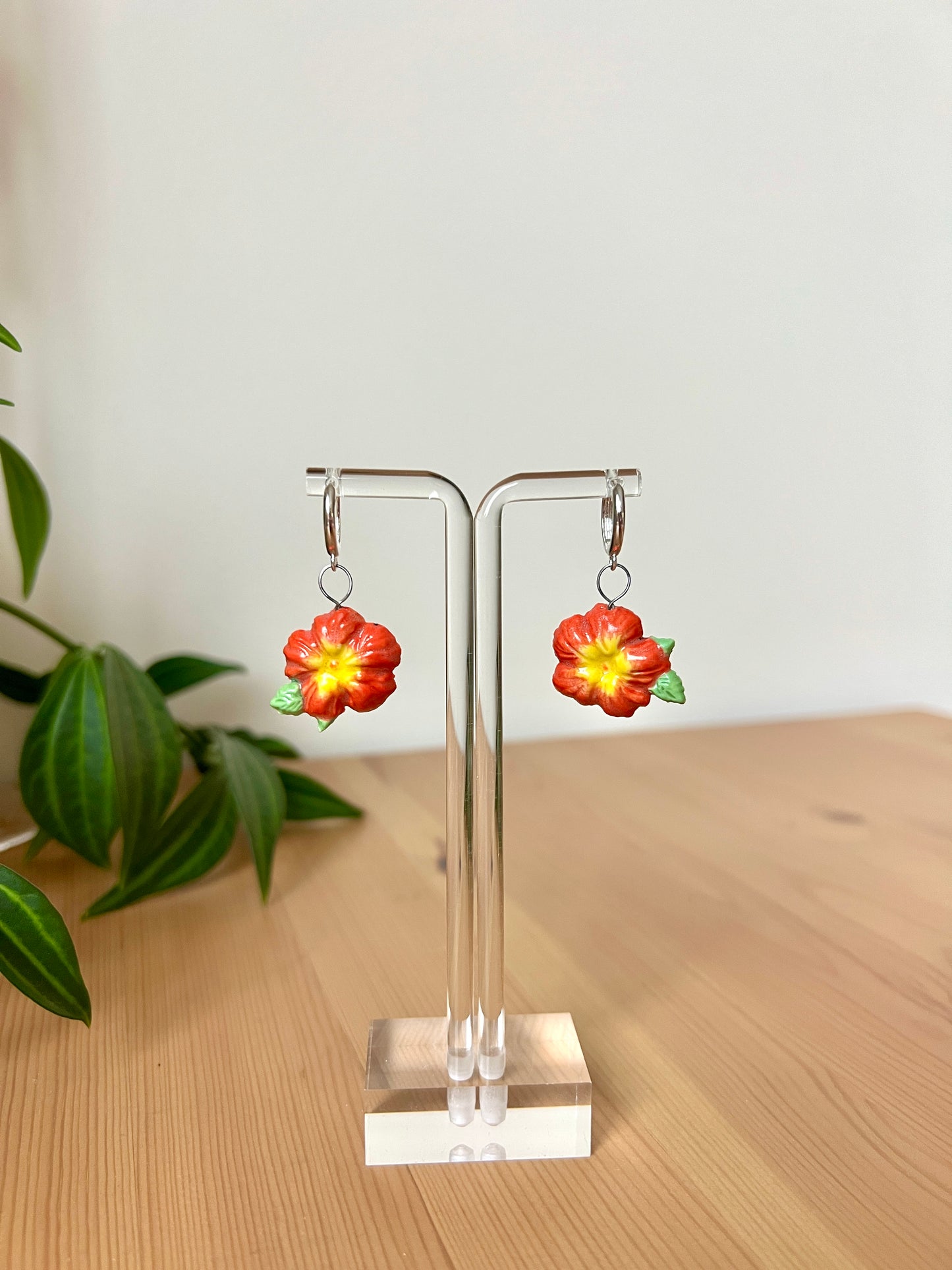 Red Hibiscus Earrings - Platinum Plated Brass