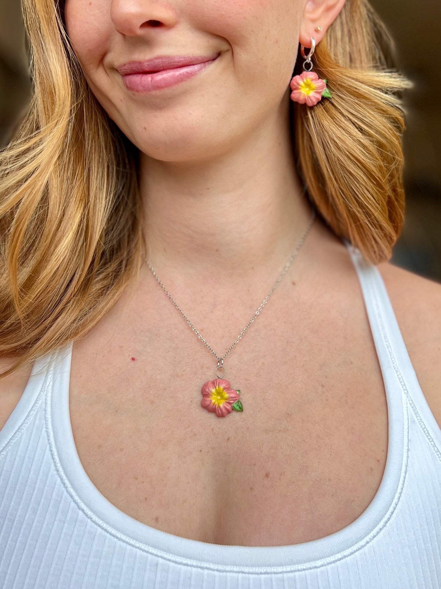 Pink Hibiscus Necklace - Stainless Steel