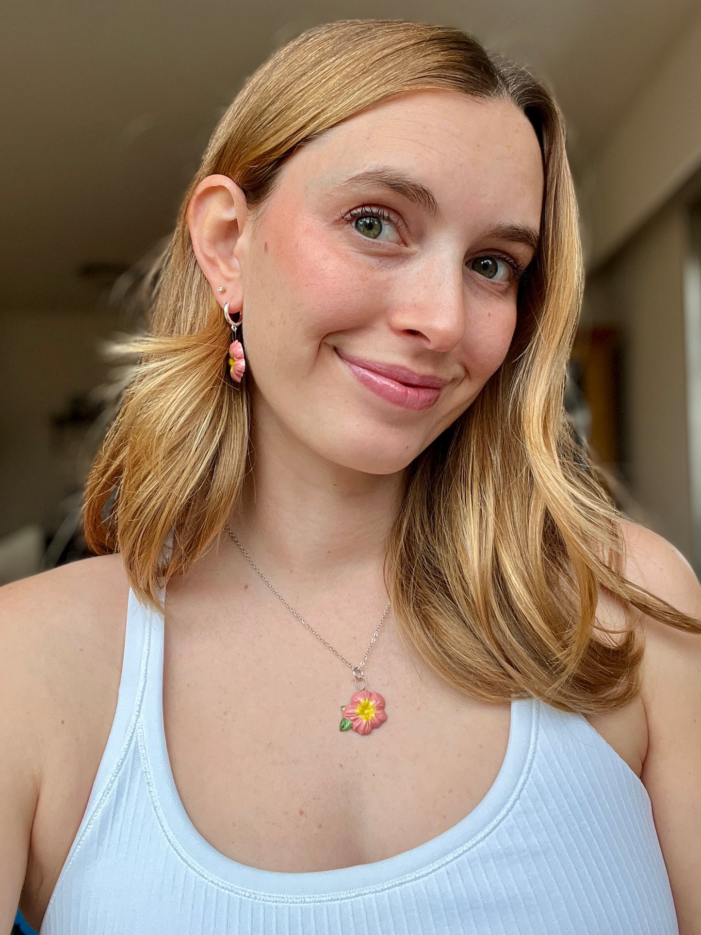 Pink Hibiscus Necklace - Stainless Steel