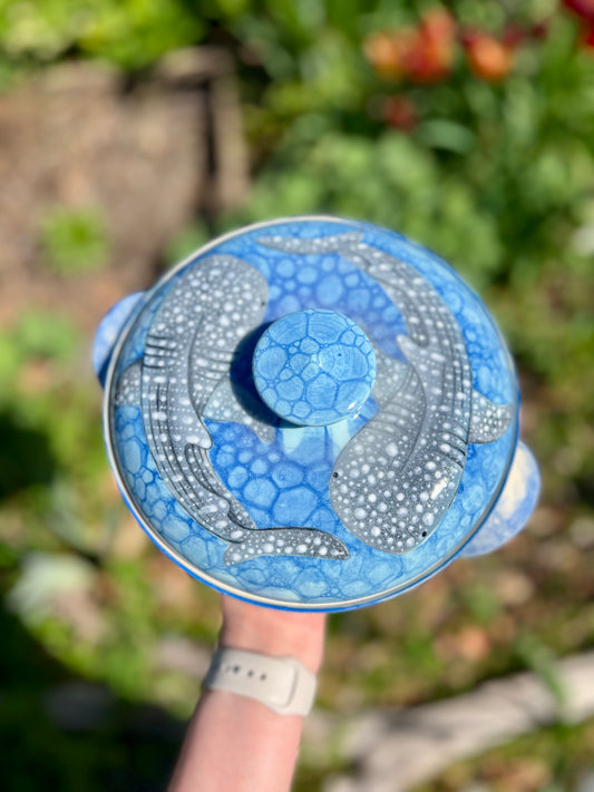 Double Whale Shark Handpainted Casserole Dish - Bubble Glazed ( W 8.5")